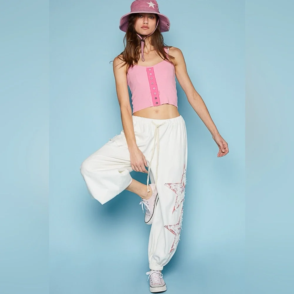 Elastic Waist Star Patch Jogger Pant in Off White Pre loved
